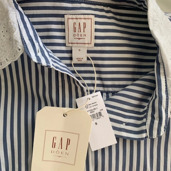 GAP x Doen Organic Cotton Eyelet Collar Big Shirt in Blue Stripe Oversize Sz S - Picture 6 of 6